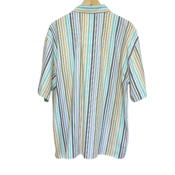 Trust Mens Shirt Size XL Linen Blend Button Up Blue Striped Short Sleeve Preppy - Picture 5 of 10